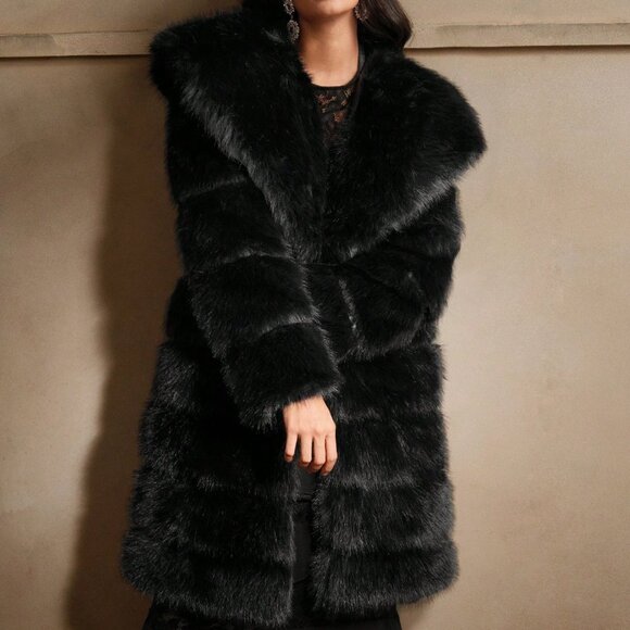 Black Casual Women's Elegant Fluffy Thickened Knee-Length Coat - Picture 7 of 8